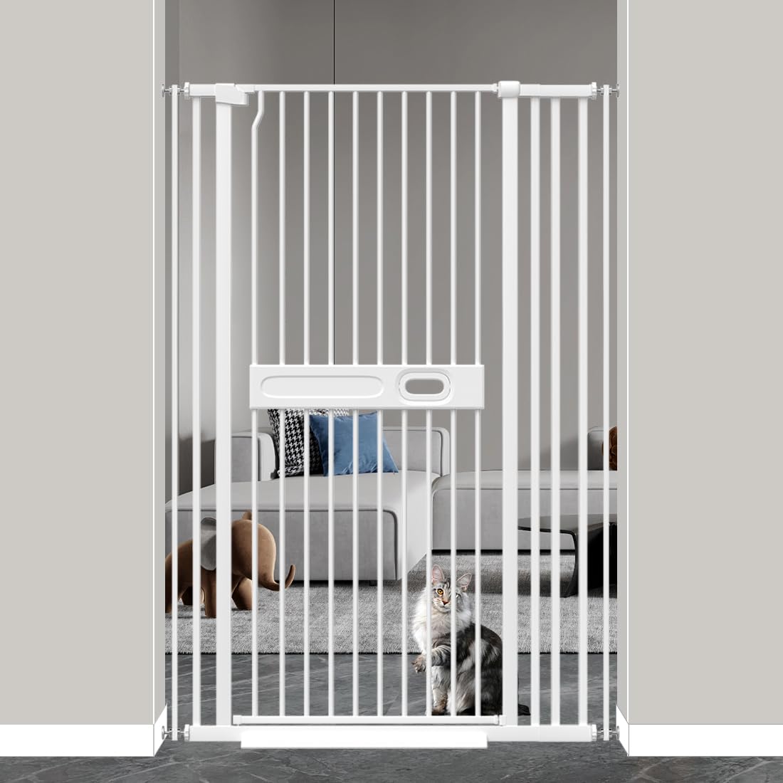 Photo 1 of 57" Extra Tall Cat Gate for Doorway, 29.6"-37.4" Extra Wide Tall Pet Dog Gate Pressure Mounted, Child Safety Gate Metal Auto Close Gate Indoor for Pets Kids Stairs Walk Through, White White-57"h 29.6"-37.4"
