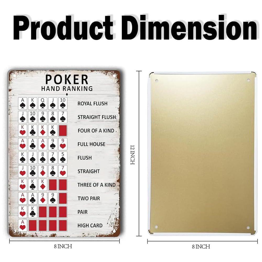 Poker Hands Rankings Metal Tin Sign - 8x12 Inch Retro Wall Decor For Game Room, Bar, Man Cave