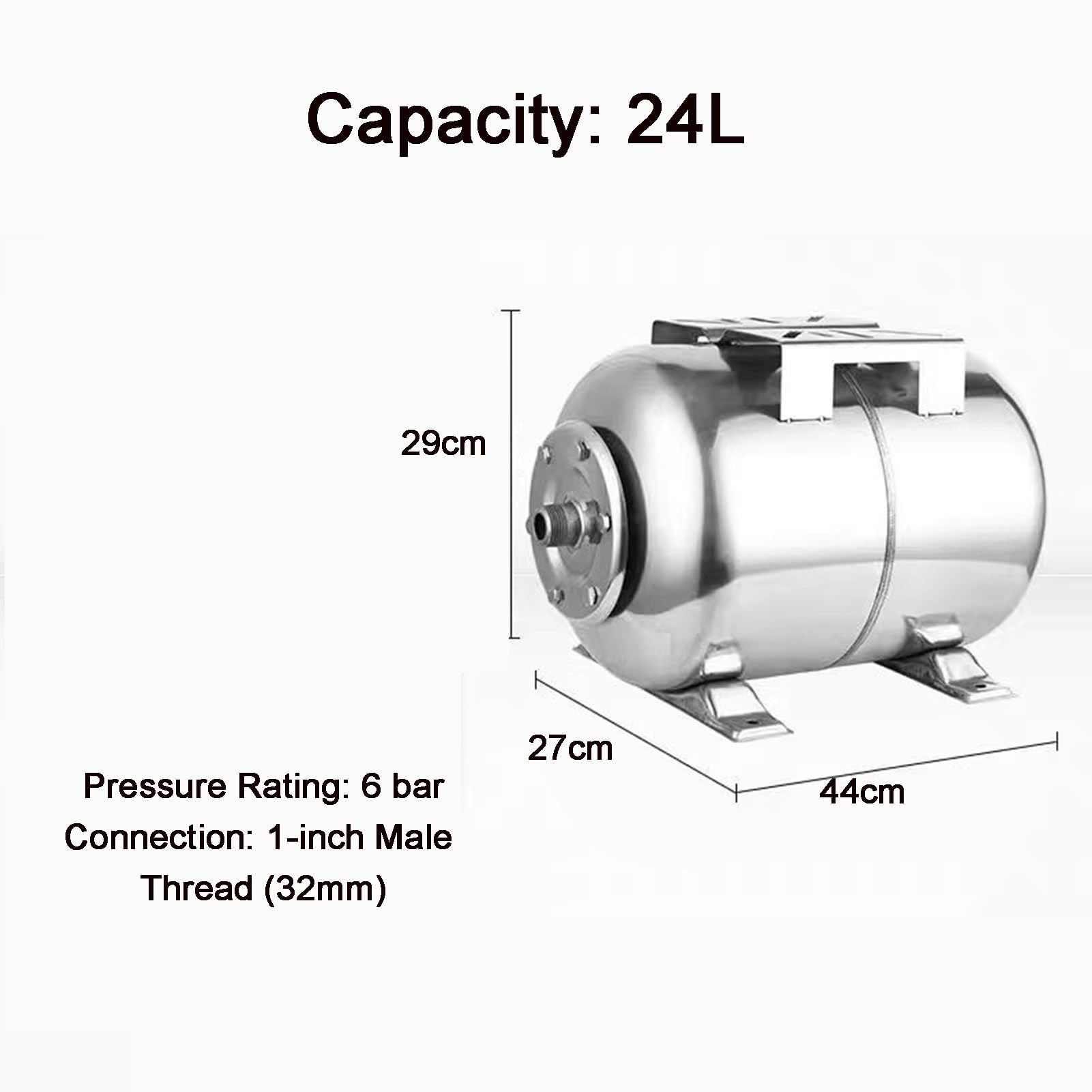 Calderín Presión Acero Inoxidable 304 Grupo Presión - Depósito Acumulador Automático Presión Constante Agua Pozo Y Red, Rosca Macho 1", Uso Doméstico E Industrial(6bar-24L-44X27X29CM)