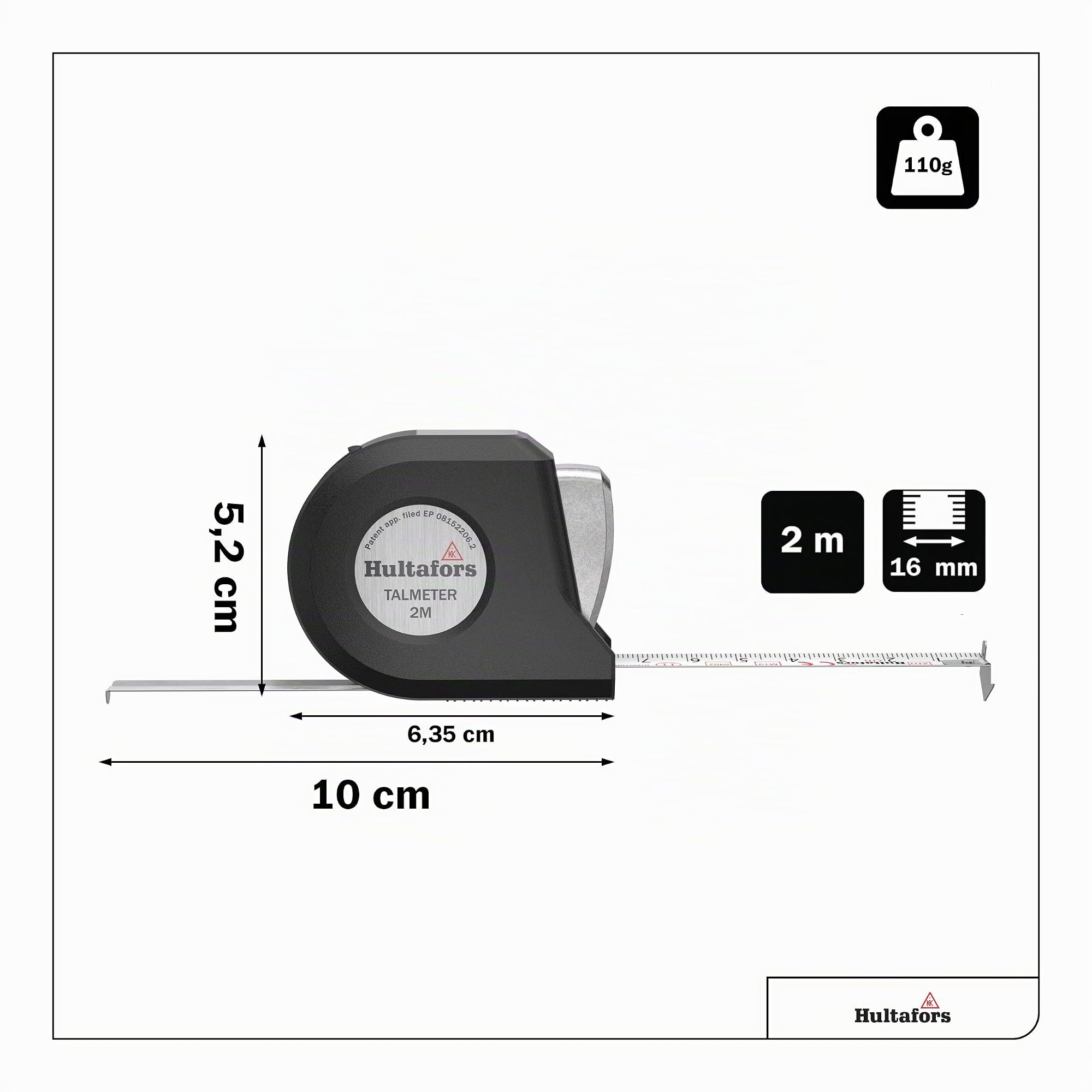 Mètre ruban Talmeter 2 mètres I Hultafors I Classe de précision II I Fabriqué au sein de l’UE I Mètre ruban 7 en 1 à fonction de mesure et de marquage unique I 359103