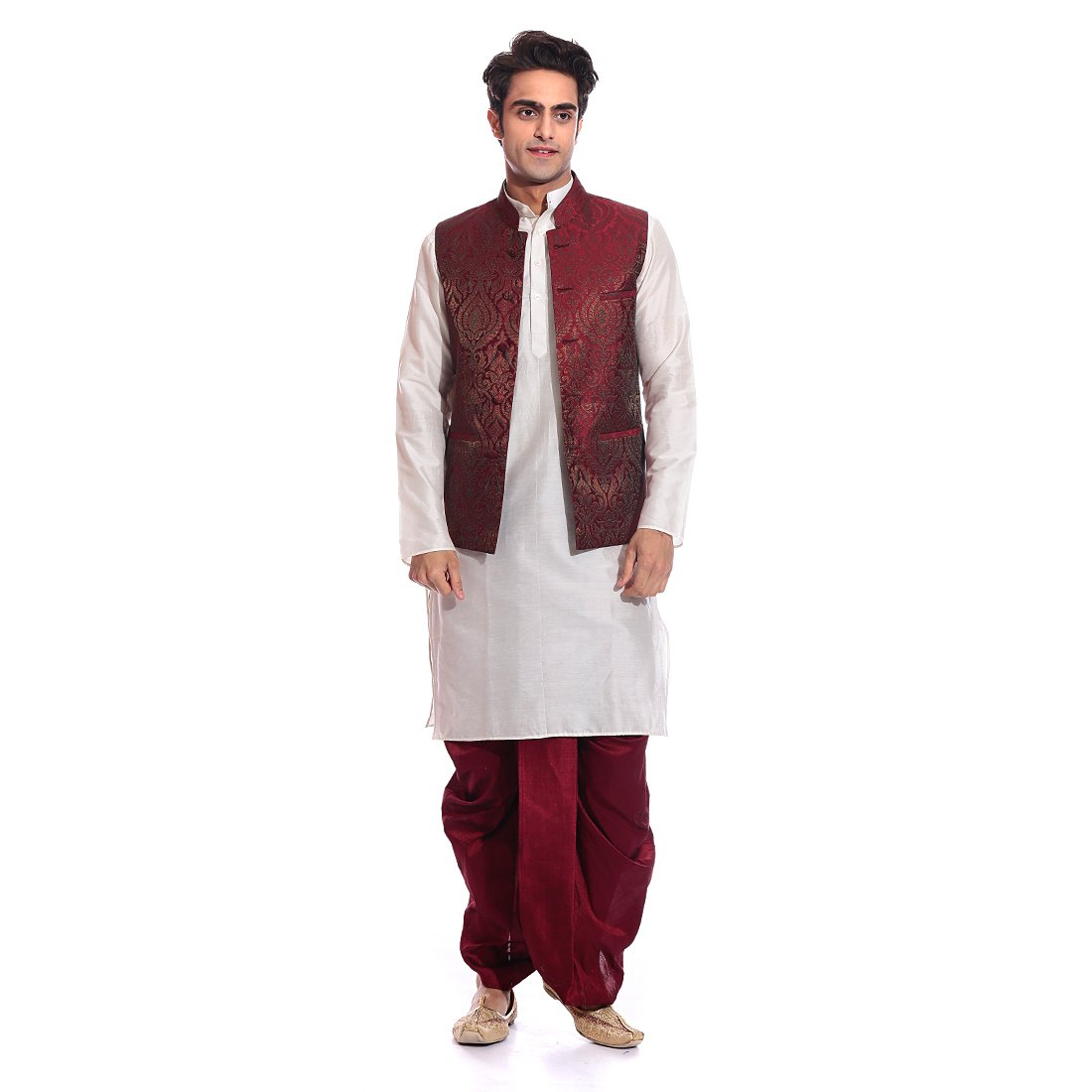 Kurta Dhoti de mezcla de seda para hombre Tag 7 con chaqueta blanca de fiesta 5