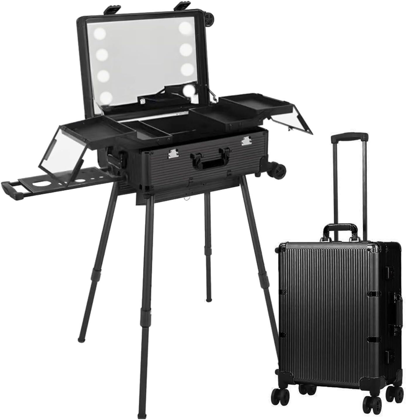 Rolling Make-up Box Professional Make-up Large Aluminium Trolley Make-up Train Case With Built-in LED Lights For Make-up Artists And Hair Stylists Rolling Make-up Organisation Studio(24-inch)