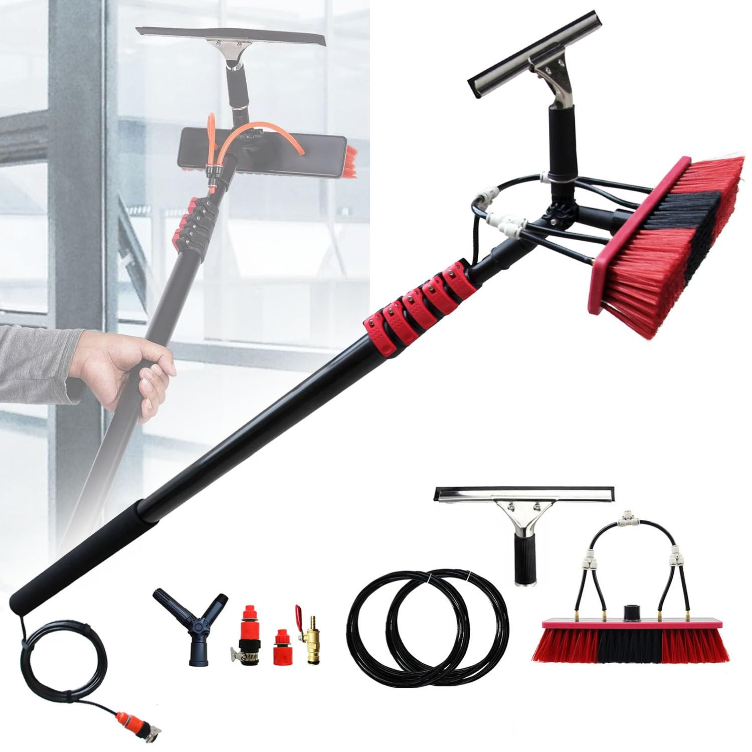 Aioneer Water Fed Pole Brush Kit, Solar Panel Window Cleaner Brush, Telescopic Window Cleaning Pole Kit, Extendable Outdoor Window Cleaner,10.8M/35.4Ft-10.8m/35.4ft
