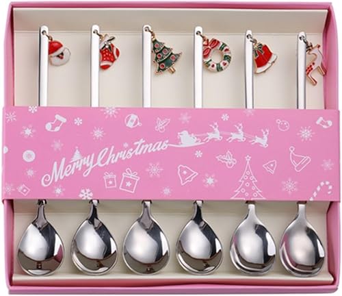 Falytemow Juego de cucharas de acero inoxidable 304 con colgante de temática navideña para café, té, postre, bebida, mezcla, batido (cuchara
