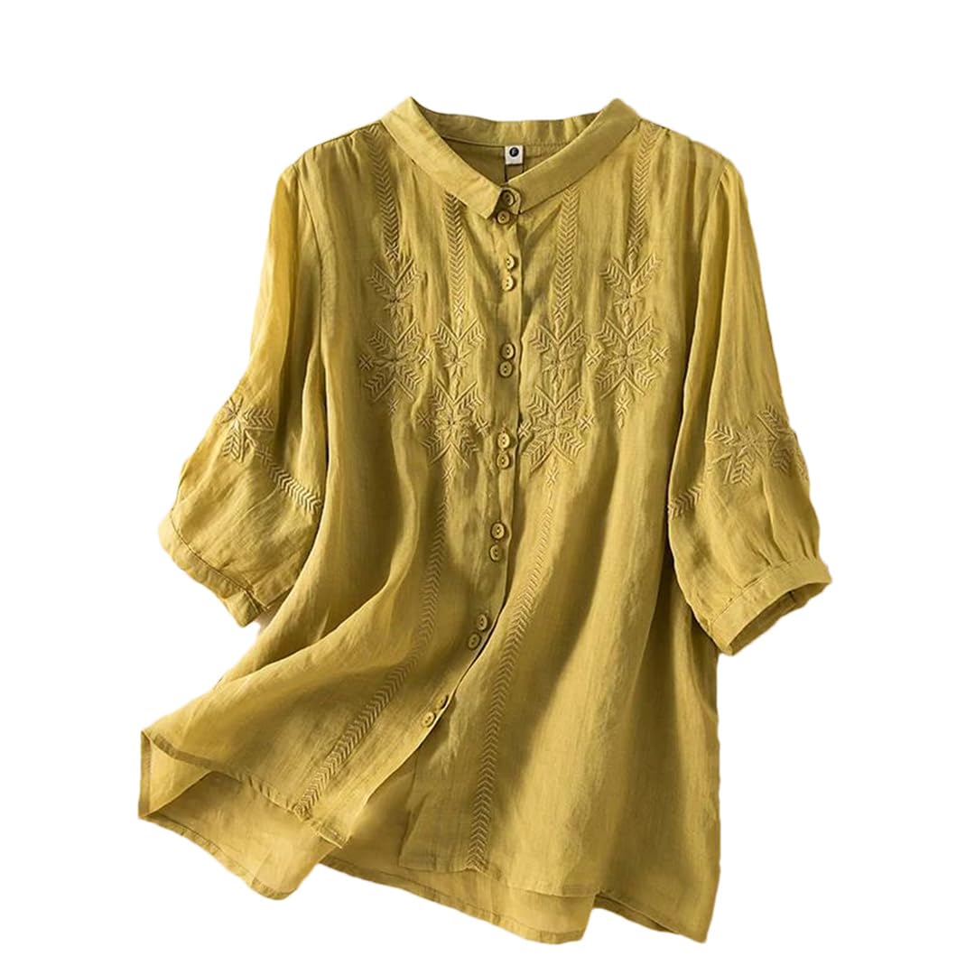 Wvapzxx Camicetta estiva da donna in cotone e lino, con bottoni a mezza manica, colletto rovesciato, camicia