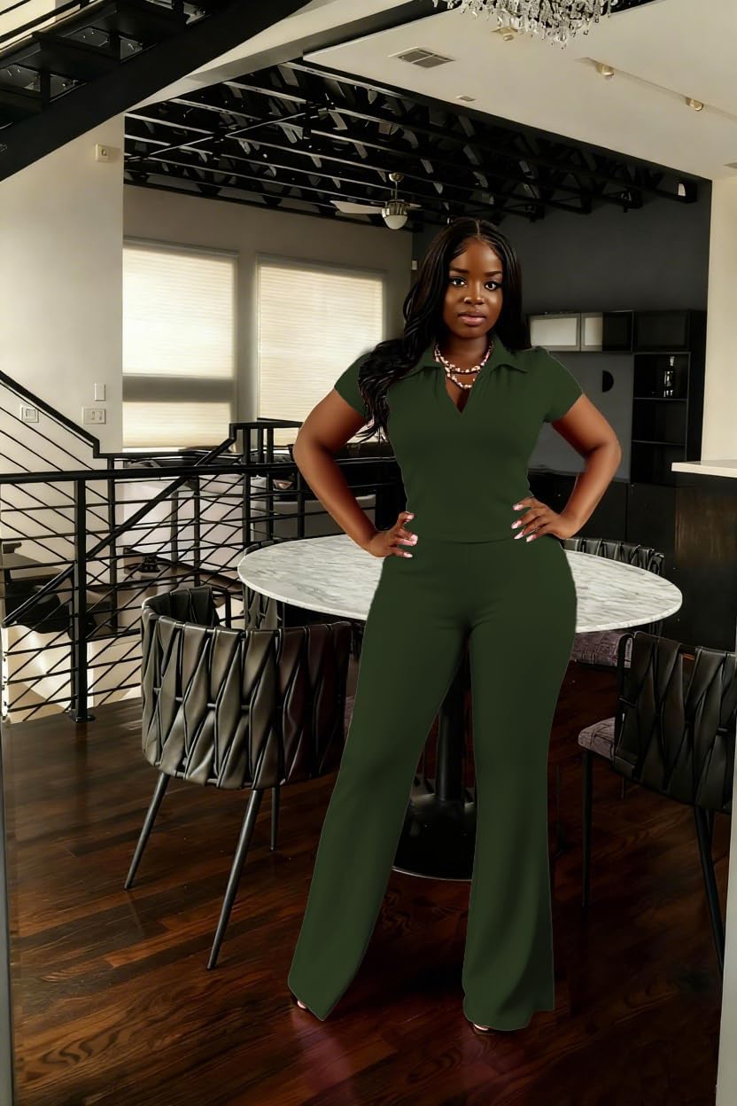 HBQ Women's 2 Piece Outfits Slim Fit V Neck Polo Top Flare Pants Short Sleeve Casual Matching Set - Image 5