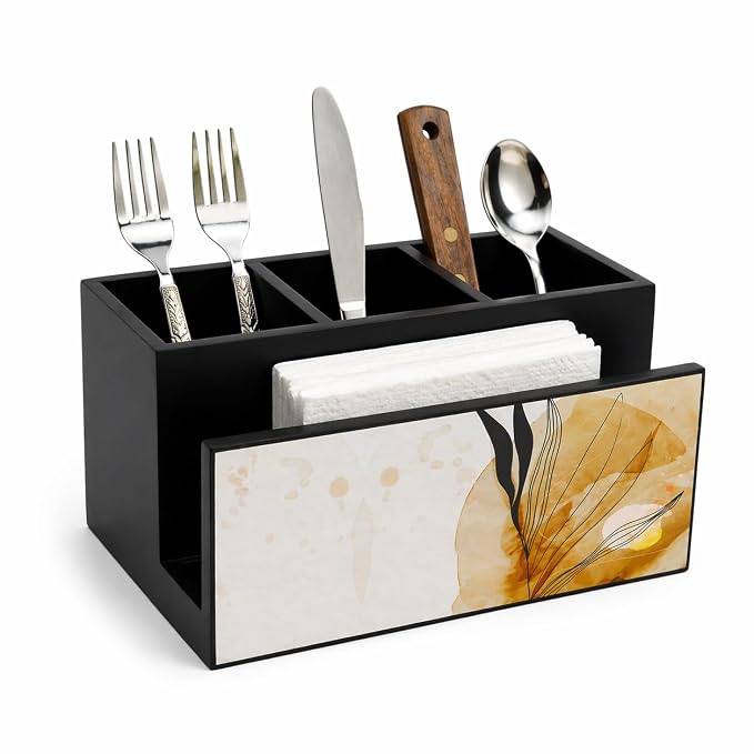 Wooden Cutlery Holder I Countertop Organizer - Spoon Fork Knife Napkin Tissue Paper I Desk Supplies Pencil Pen Stationery Stand I Home & Kitchen I Size 7X 5 X 4, Autumn Black