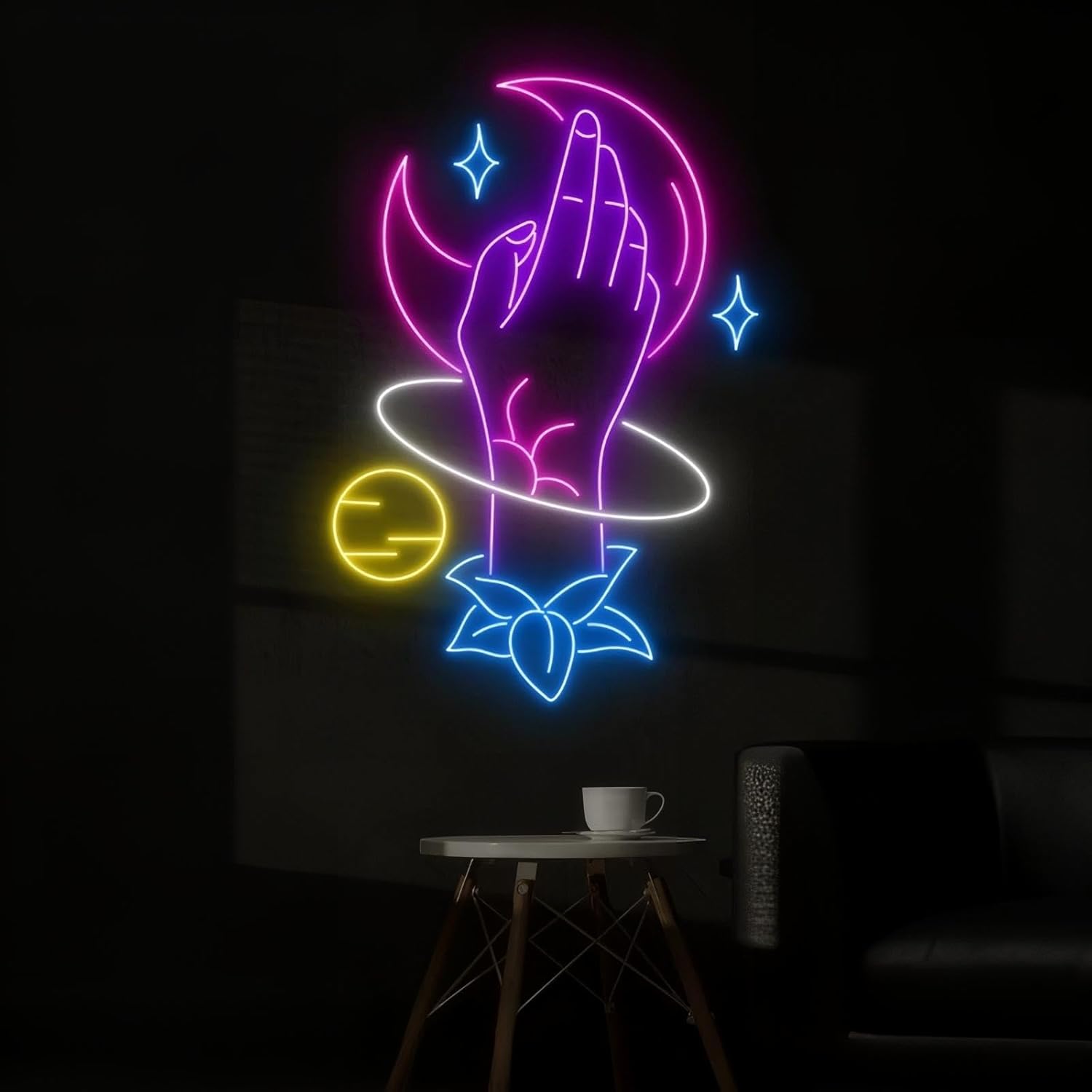 Hand Moon Space Led Sign, Galaxy Moon Stars Hand Neon Sign, Custom Neon Sign, Planet Wall Led Light, Birthday Gifts, Teens, Baby Bedroom, Game Room Party Shop Wall Decoration