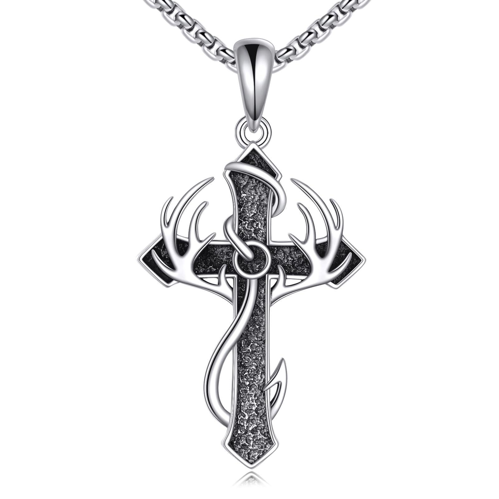 LWQQWL Fish Hook Cross Neckalce for Men Sterling Silver Cross Pendant Necklaces Hunting Jewelry Gifts for Men Women