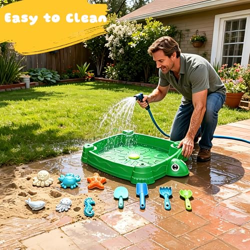 Image of Turtle Sandbox with Lid and Umbrella, Large Square Sand Box for Kids | square shape saves space, adjustable umbrella, 6 sea molds & 4 shovels, rounded safe edges, PP material, washable, ages 3+