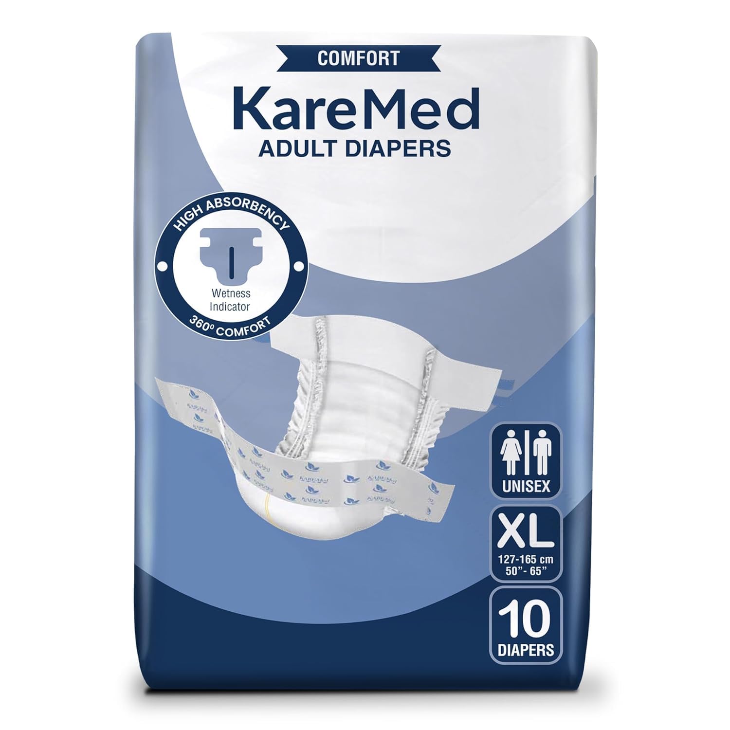 KareMed Comfort Adult Diapers, Extra Large, Waist Size 127-165 Cm (50"-65"), Tape Style, Unisex, High Absorbency, Leak Proof, Wetness Indicator, 10Count