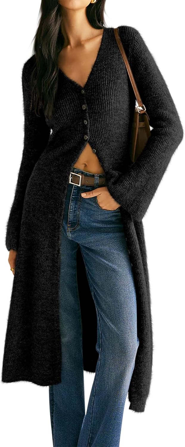 Womens V-Neck Button Maxi Cardigan Bell Long Sleeve Open Front Split Breasted Sweater Dress