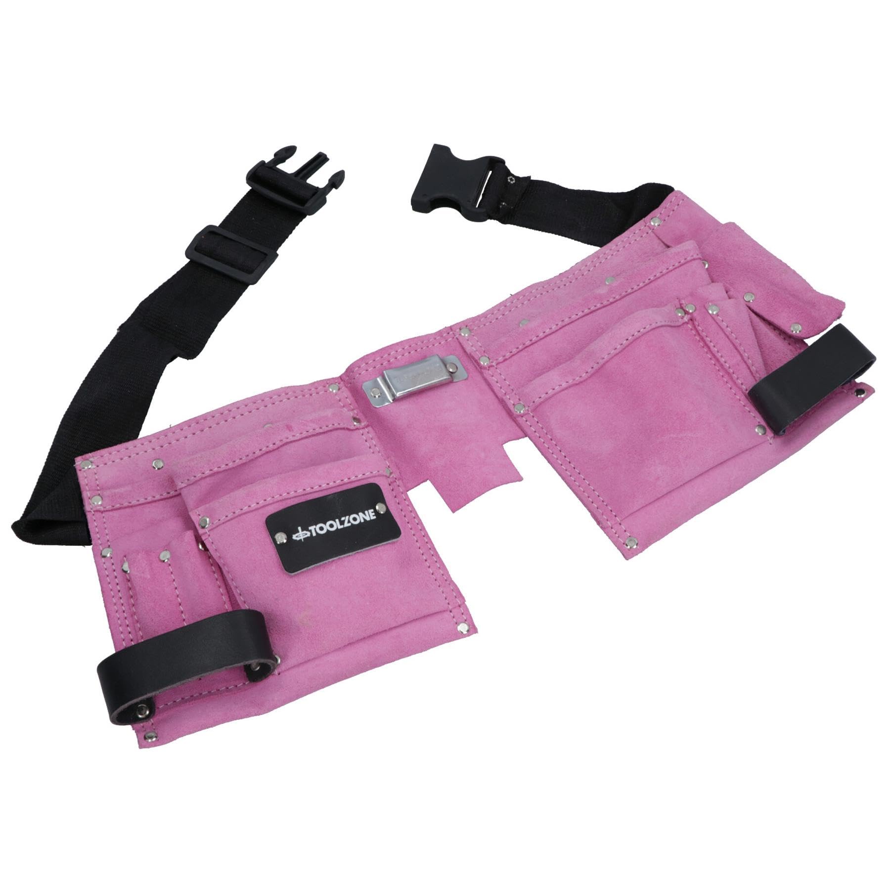 Toolzone 11 Pocket Pink Double Leather Tool Pouch Includes Tape/Hammer Holder
