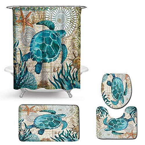 Enhome Juego de 4 Piezas de Alfombra de baño Antideslizante + Tapa de Inodoro + Alfombrilla de baño + Cortina de Ducha, Animal Marino (Tortuga)