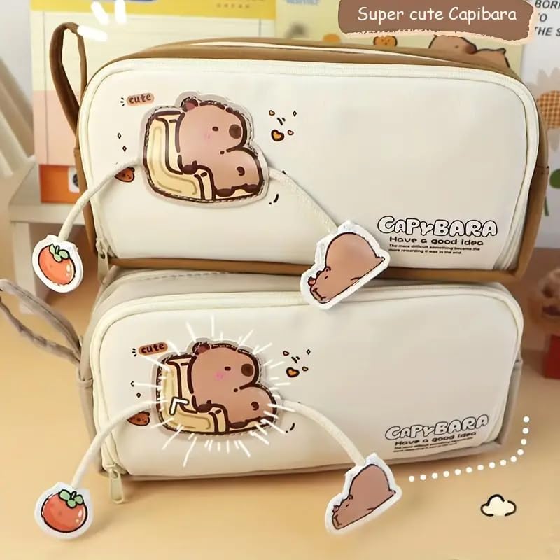 Image of Invite Capybara White Pouch Large Capacity Cartoon Pencil Case Double Layer Cute Aesthetic Pencil Case for Girls Multifunctional Stationery Organizer for School Office (Capybara Brown Pouch)