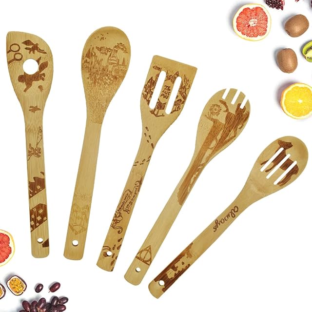 GIRAFEDA 5 Pcs Wooden Spoons Utensil Set Magic Castle Burned Bamboo Cooking Utensils Set Non-Stick Organic Bamboo Utensil Set Wood Spatula Wooden Baking Spoon, House Warming Gifts for Friend