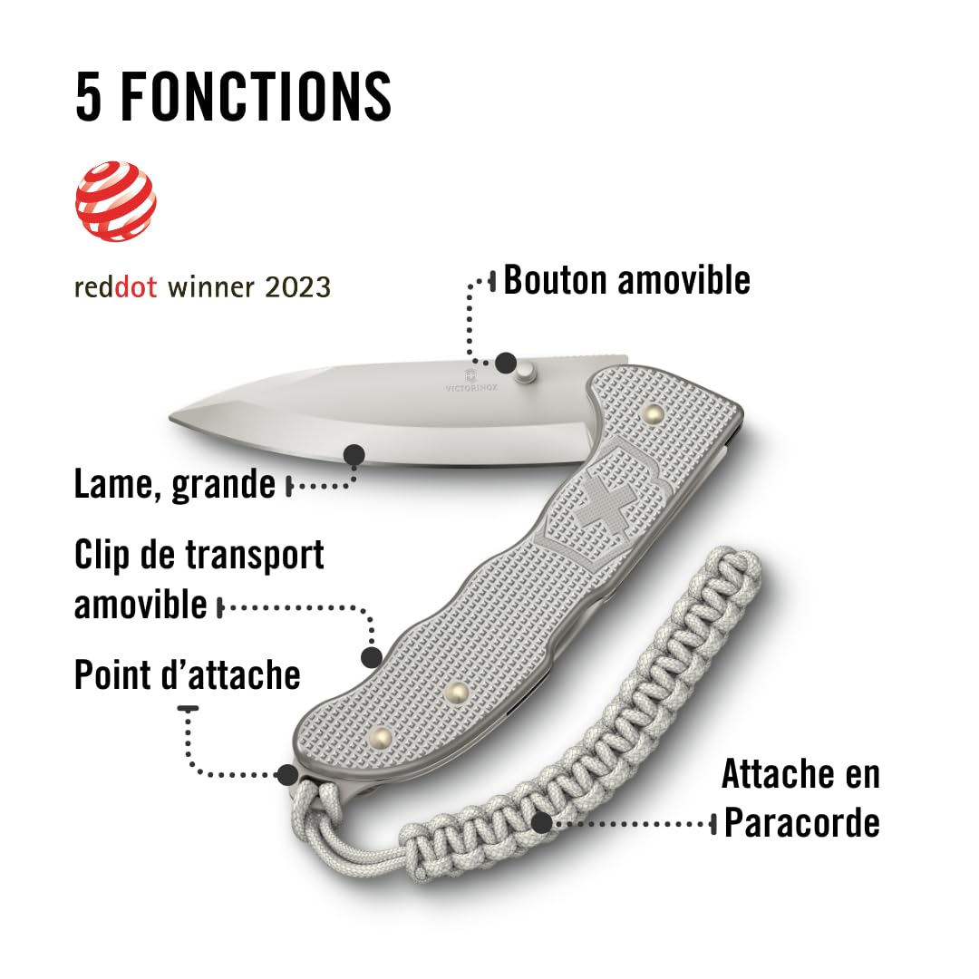 Victorinox Couteau Suisse Hunter Evoke Alox, Couteau Pliant Outdoor, 5 Fonctions, y c. Lame 10 cm et Attache en Paracorde, Argent