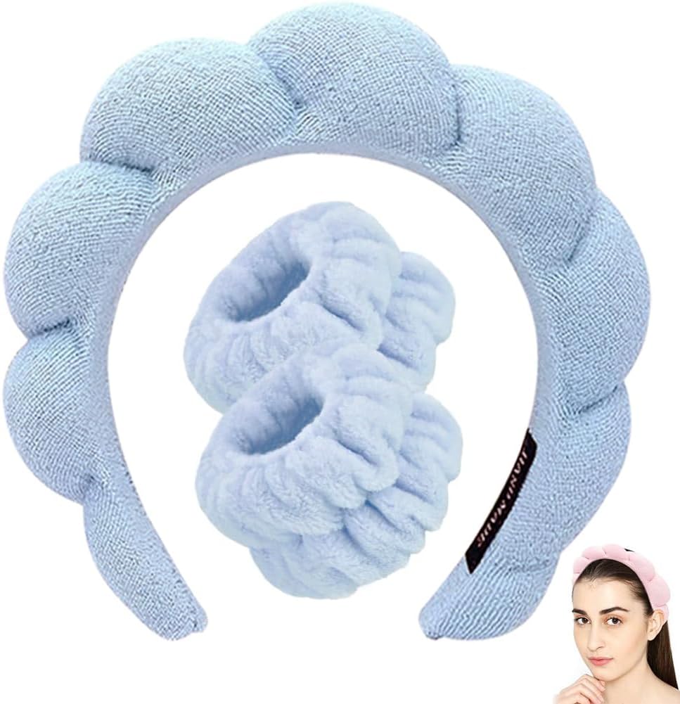 Skincare Headband Set with Wristbands - Face Washing, Spa and Makeup Headbands for Women (Blue Set)