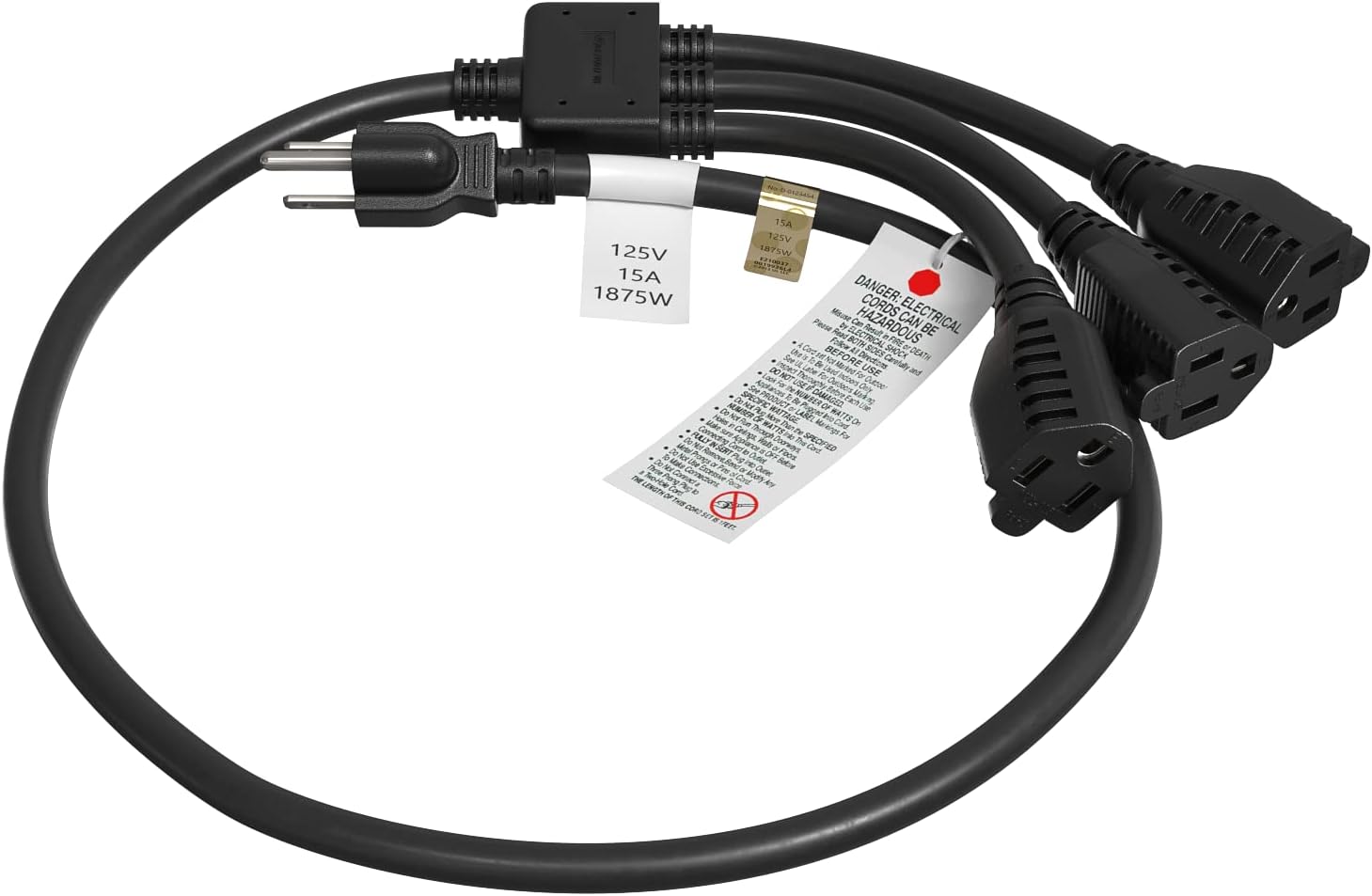 Cable Leader 3 Outlet Power Extension Splitter Cord Cable 5-15P to 5-15R x 3, Power Cord Extension, Heavy Duty Power Extension Cable, 14AWG, 3 Prong Splitter - 1 Pack, 3ft