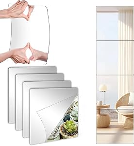4 Pack 10”x10” Self Adhesive Acrylic Mirror,Stick on Small Mirrors for Wall Decor, Plastic Mirror for Shatterproof,Long Mirrors for Bathroom Living Room Closet Door
