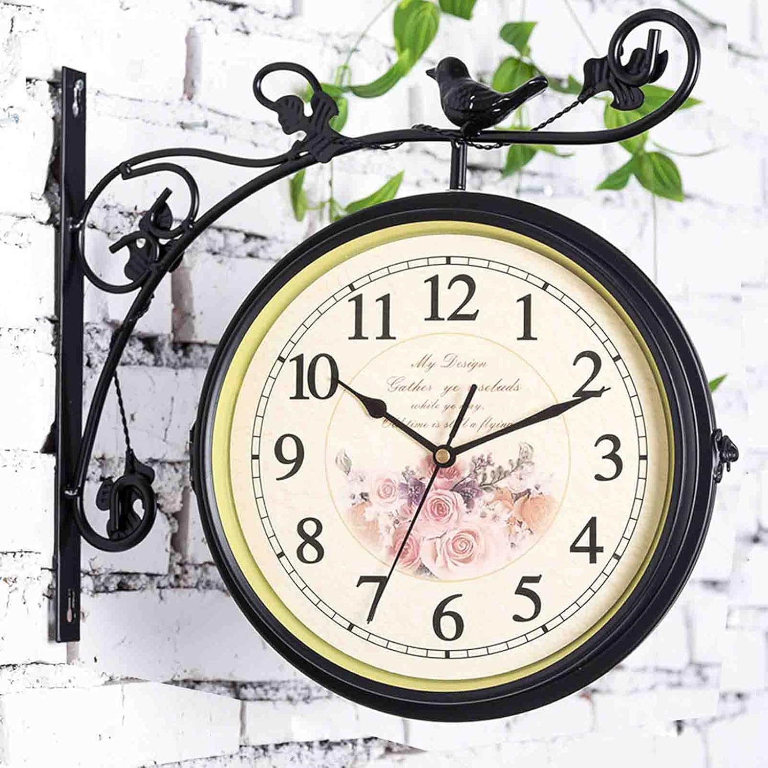 Double Sided Wall Clock Creative Classic Clocks Outdoor Wrought Iron Garden Clock Metal Clock Two Faces Antique Hanging Clock Indoor Décor Garden Wall Clock (White b)