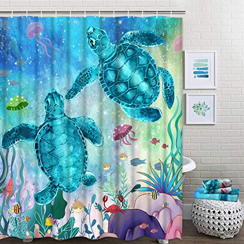 Alishomtll 7 Piece Sea Turtle Shower Curtain Sets With Rugs And Towels, Include Non-Slip Rugs, Toilet Lid Cover, Bath Towel And Mat, Kids Ocean Shower Curtain With 12 Hooks For Bathroom Decoration #TOP2