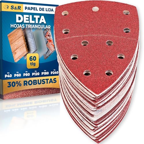 S&R Juego Hojas Papel de Lija Lijadora de Ratón. 60 Almohadillas de lija triangular. Recambio Lijadora Detailles Mouse Delta Parkside Bosch Black&Decker Einhell Makita. Papel Multilijadoras