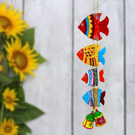 CRAZE CULTURE Fish Hanging Handmade Hand-Painted Room Wall Decor Balcony Garden Indoor Outdoor Decoration Show Piece in Wooden 20 Inches
