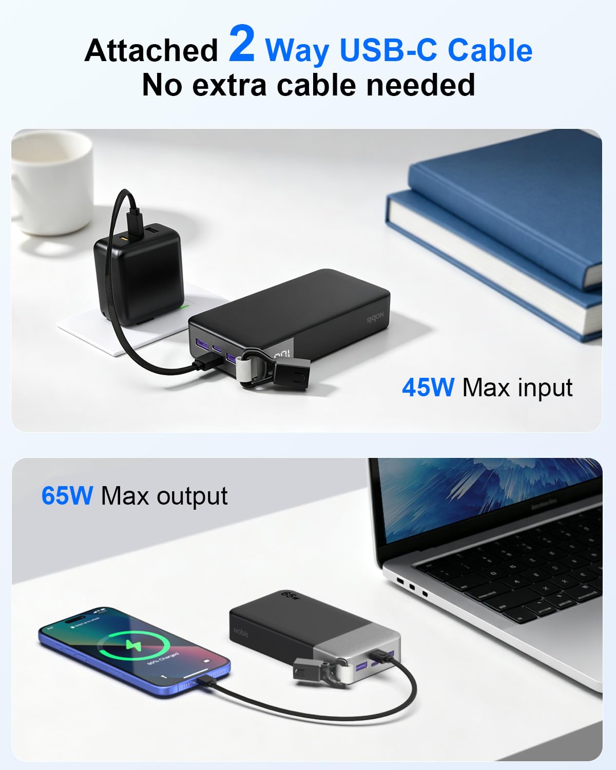 NOBIS Batterie Externe 65W 20 000 mAh Charge Rapide Câble USB-C Intégré
