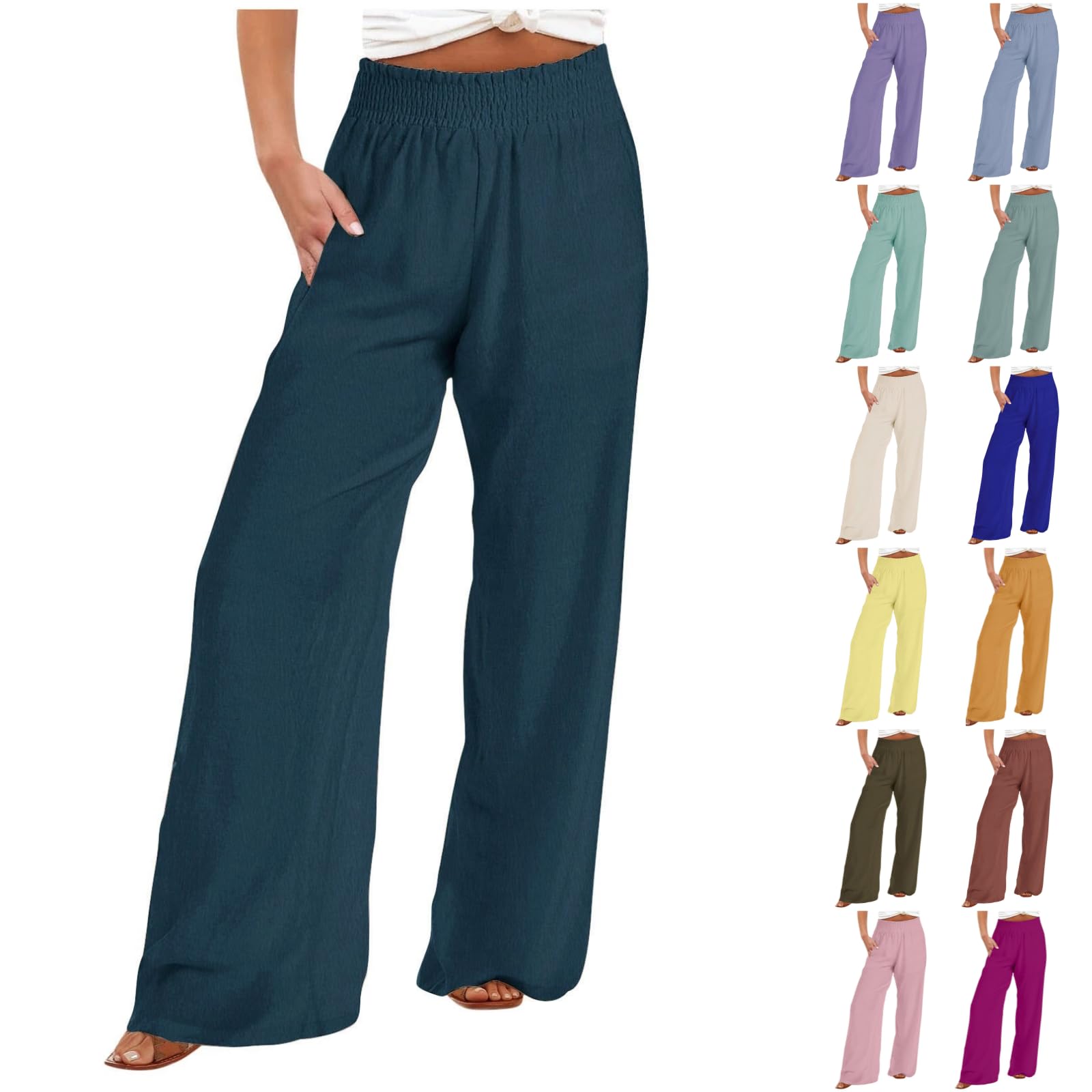 Palazzo Pants for Women Casual Plus Size Smocked High Waisted Flowy Pants Wide Leg Linen Trousers with Pockets