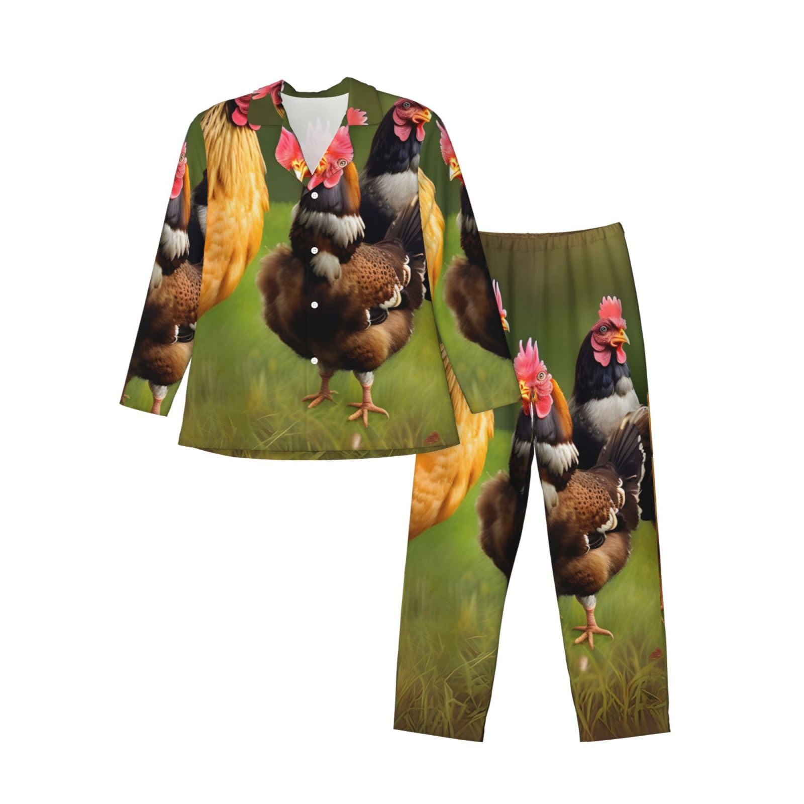 Herren-Pyjama-Set, langärmelig, Hahnmuster, zweiteilig, Hauskleidung, bequeme Nachtwäsche