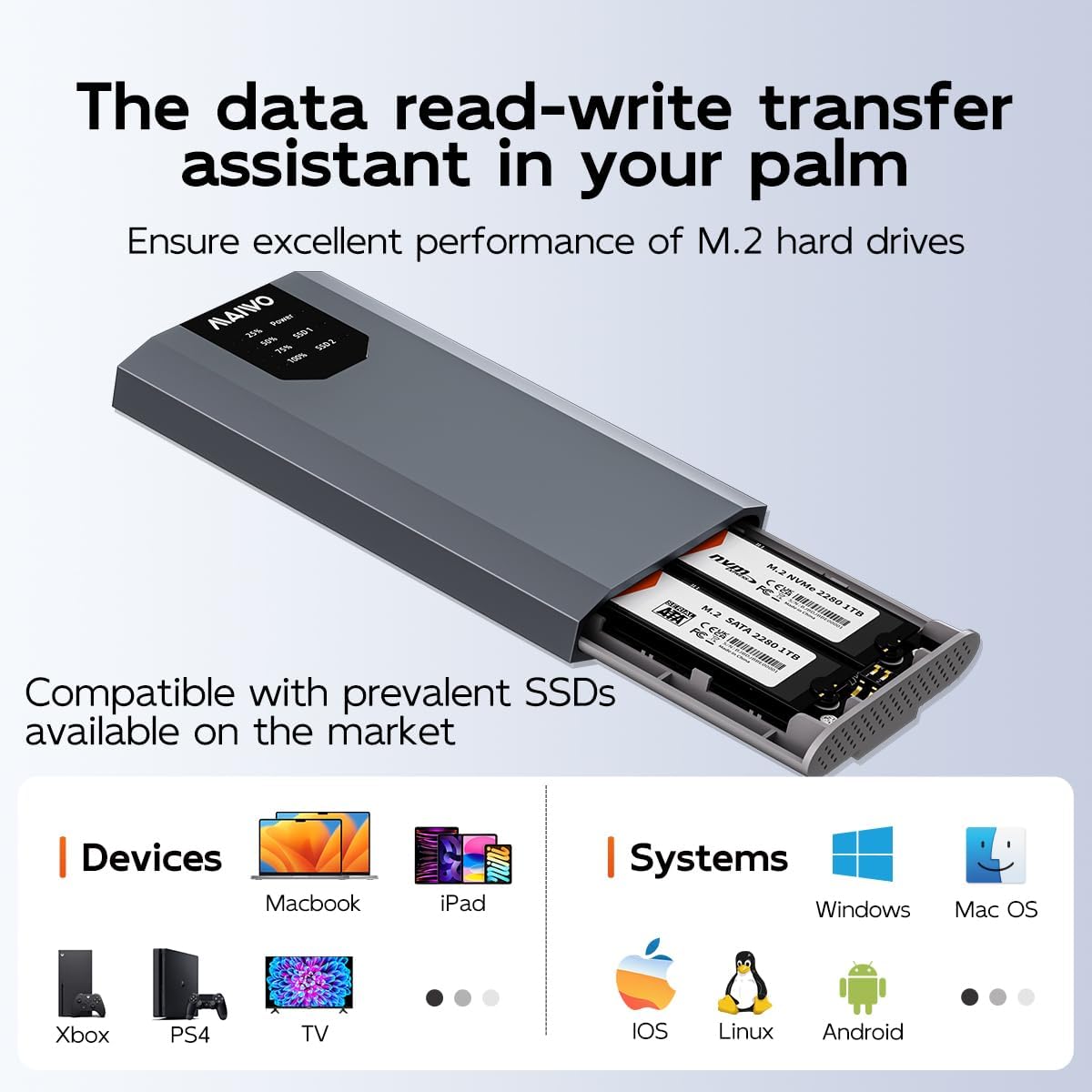 MAIWO Dual-Bay M.2 SSD Enclosure Cloner for NVMe & SATA, USB3.2 GEN2X2 10Gbps M.2 Duplicator Supports Bidirectional Offline Clone for SSDs Sizes 2230/2242/2260/2280