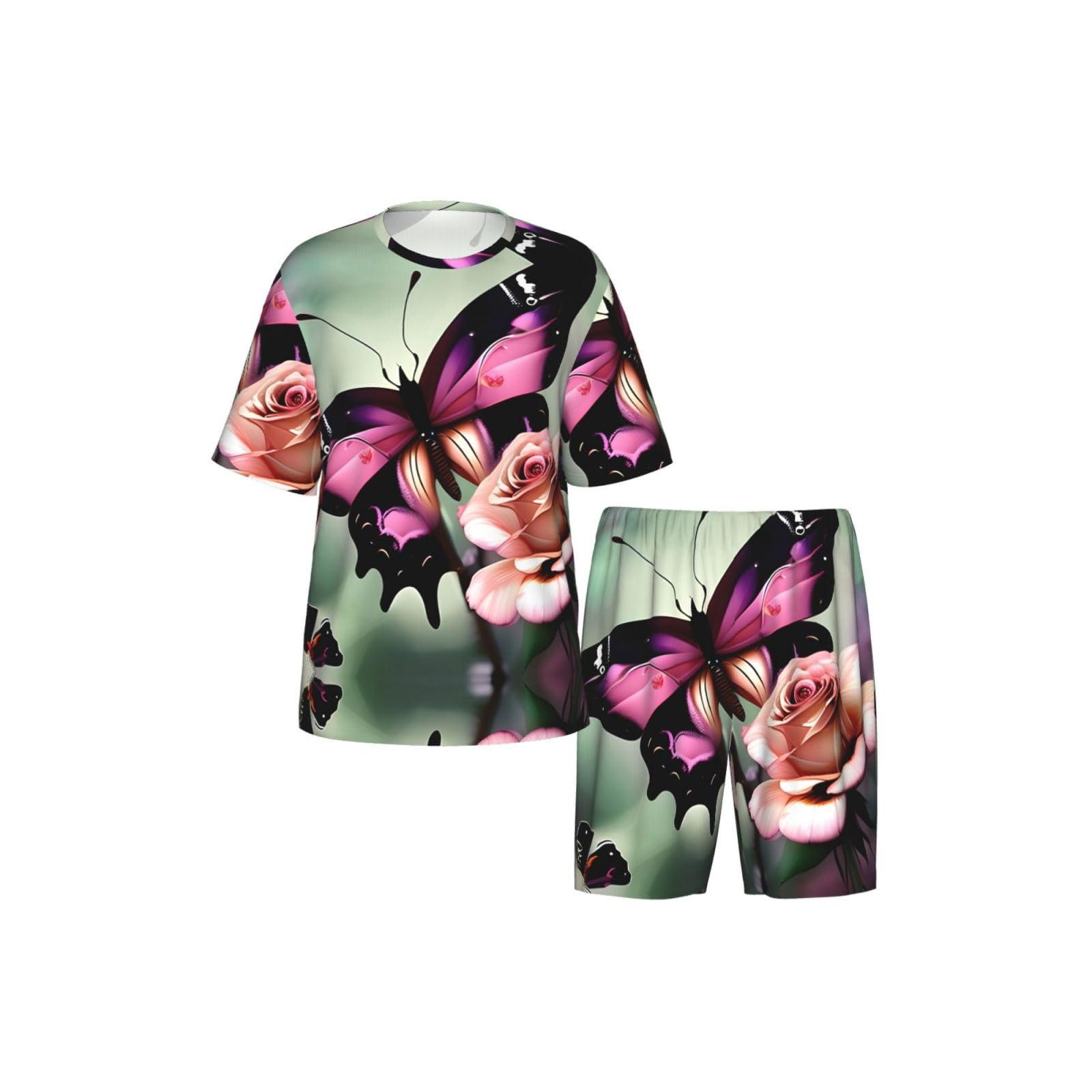 Conjunto de pijama clásico con estampado de flores y mariposas para hombre, pantalones cortos de pijama suaves para hombre, perfecto para las noches de verano