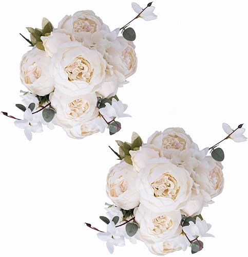 Paquete de 2 ramos de flores artificiales de seda de peonía grande, arreglos de centros de mesa de boda (blanco crema)
