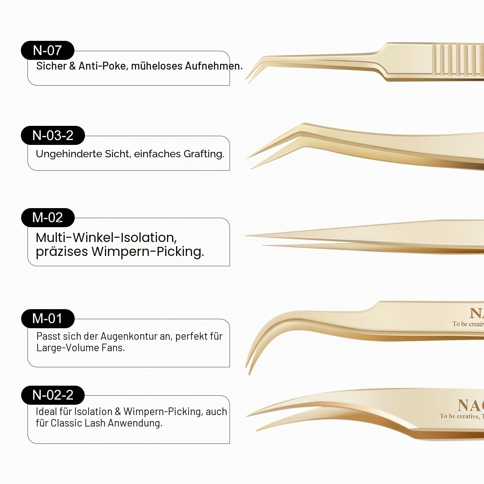 NAGARAKU Wimpernpinzette 5-teiliges Set Professionelle Präzisionspinzette Gerade Gebogene und Volumen Fächer Pinzetten Gold Edelstahl Präzise Schließung Leicht Dünn mit Spitze Schutzkappen In Lederbox