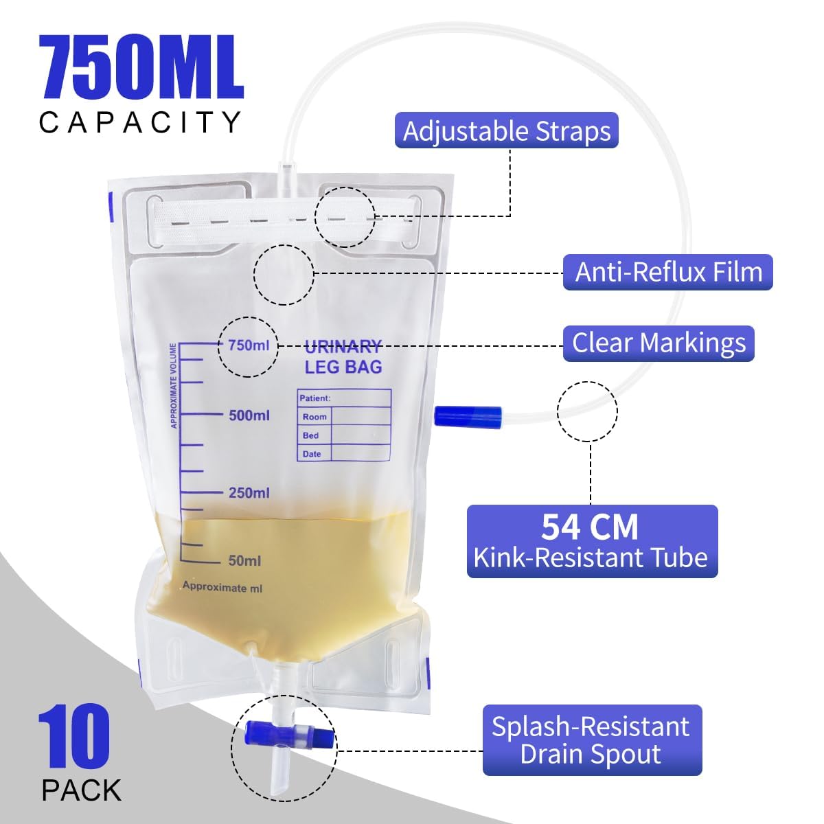 Bolsa de Drenaje de, 10 Piezas Bolsa de Orina 750ml, Bolsas de Drenaje de Orina con PelíCula Antirreflujo Bolsa de Recogida de Orina con VáLvula Drenaje en T, Drenaje Y Correas de Tela