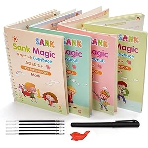 Eclet  Magic Book for Kids, Sank Magic Practice Copybook, (4 Book+10 Refill+1 Pen+1 Grip) Number Tracing Book for Pre-Schoolers with Pen, Magic Calligraphy Copybook Set Writing Tool for Kids(F)