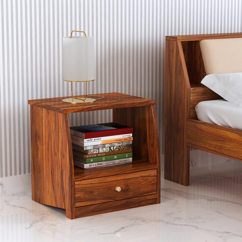 Image of Solid Sheesham Wood Bedside Table with 1 Drawer & 1 Open Shelf Storage for Bedroom, End Table, Side Table for Living Room Home (Natural Finish)