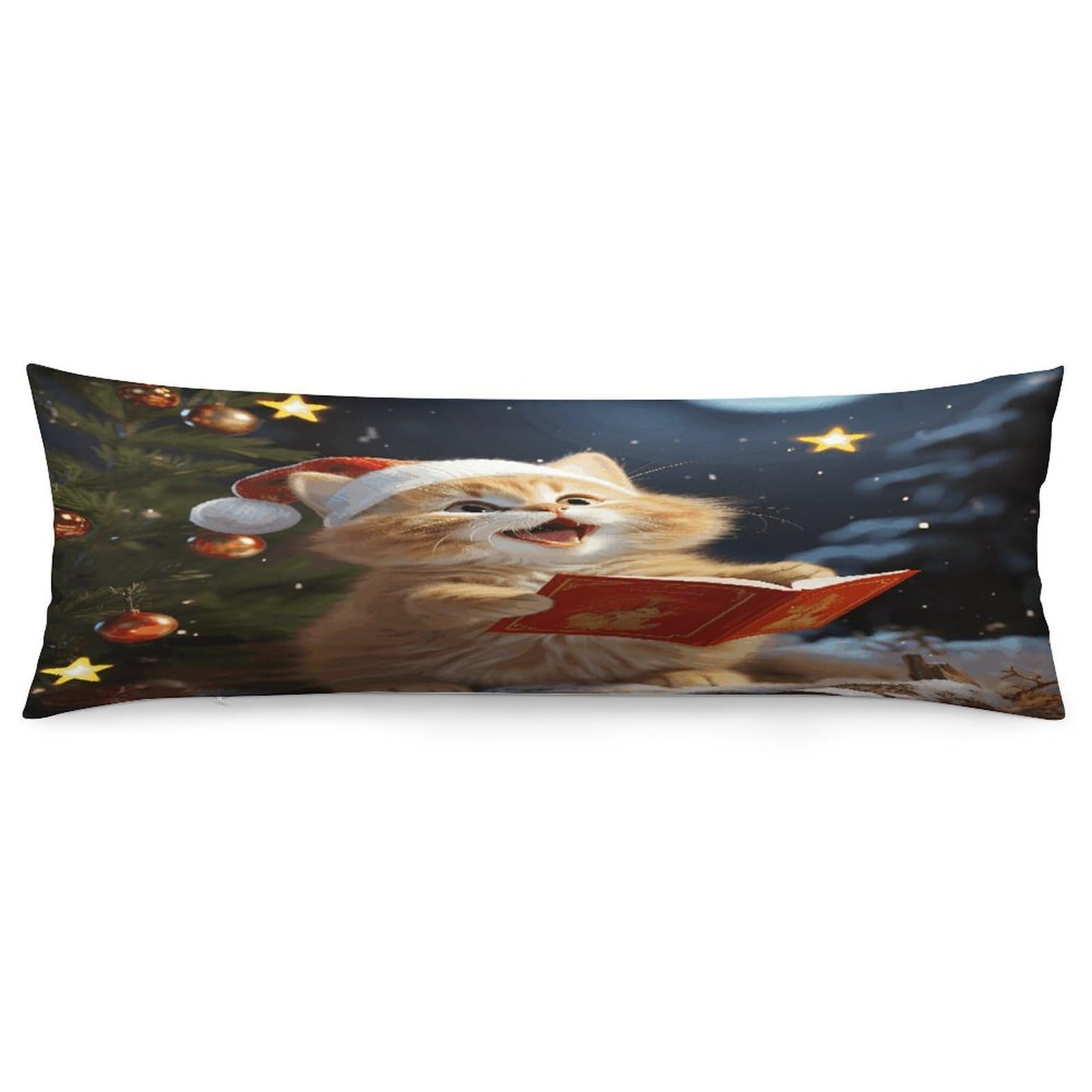 Cute Cat Sing Christmas Carols Pillowcase Decorative Long Body Pillow Case Soft Breathable Body Pillow Cover Modern Large Pillowcase Cute Body Pillow Pillowcases for Bedroom Couch 18.9 X 53 Inch