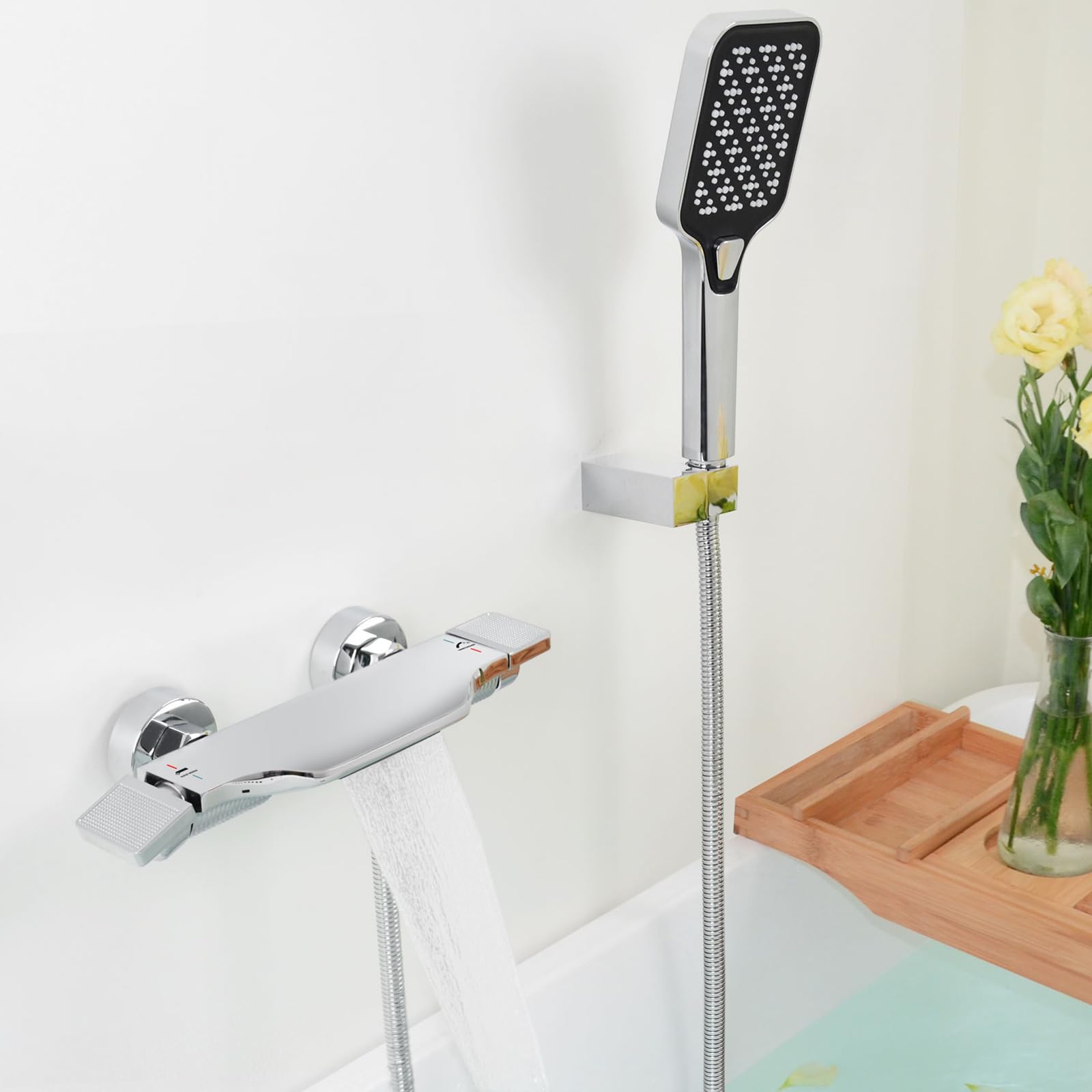 Grifo de Bañera Cascada con Ducha Montado en Pared, Latón Cromo 14Y1OK