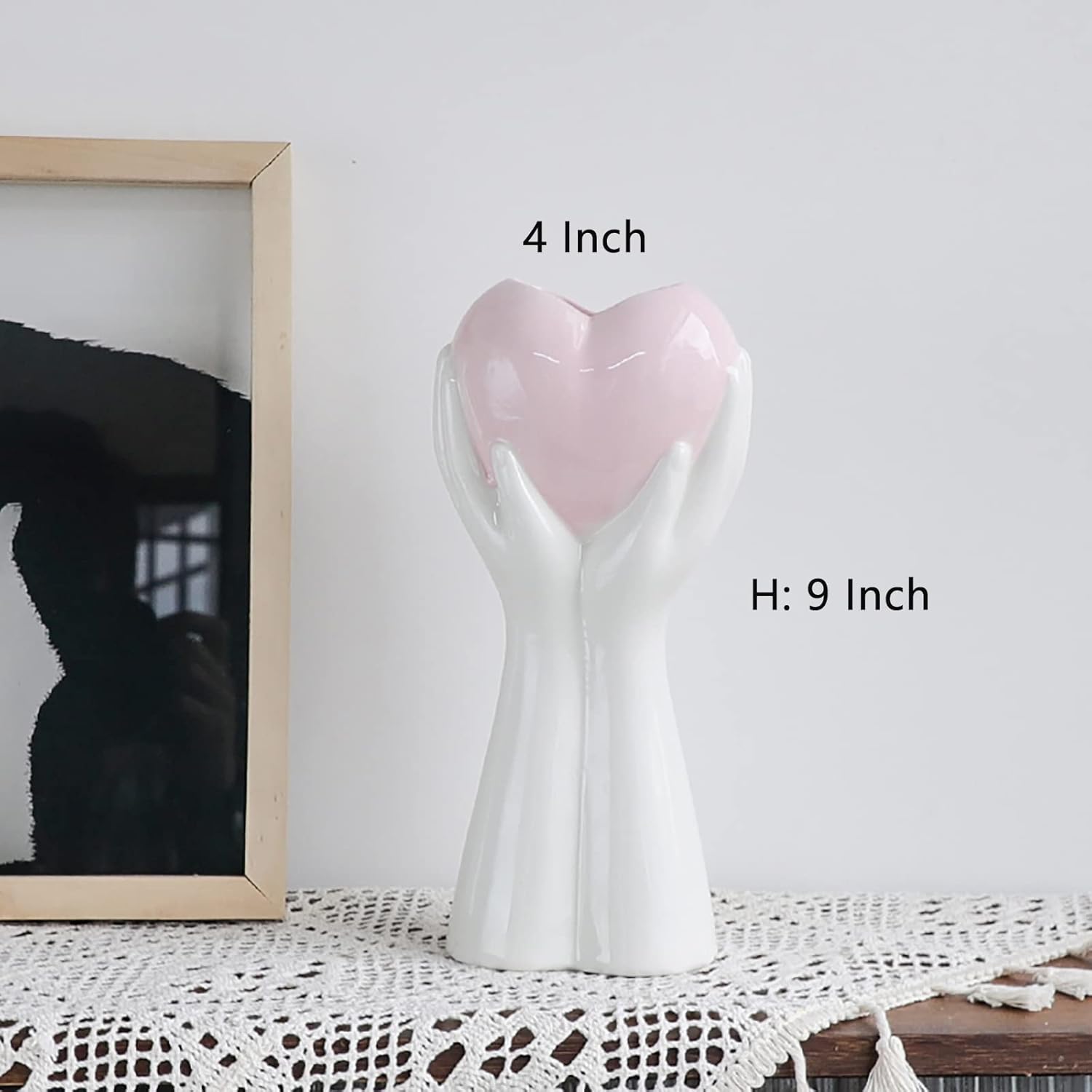 Creative Hand Holding Heart Vase,9'' H White Ceramic Vase,Modern Art Body Vase,Flower Vase for Wedding Home Decor,Shelf Decor Accents,Farmhouse Table Decor (Pink Heart)