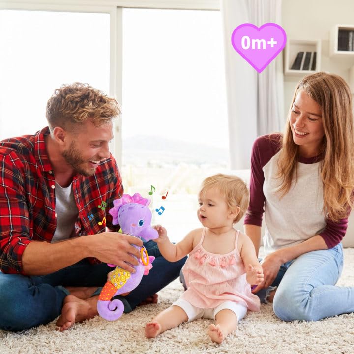 Fuzqq Juguetes para bebé niña de 0 a 6 meses, animal de peluche musical con sonajero, juguete suave para recién nacida de 0 3 6 9 12 meses para niñas, regalo para bebé niña, púrpura 6