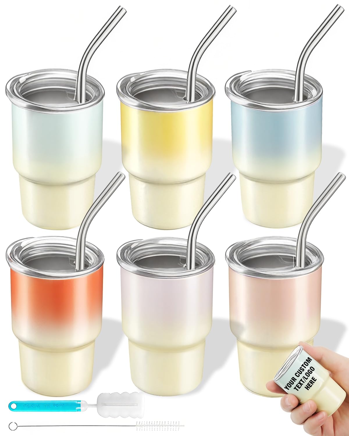 PUMHUBO 6 Pack 3 oz Sublimation Mini Tumbler Shot Glass with Straw and Lid, Gradient Color Insulated Stainless Steel Mini Tumblers Cups for Beach