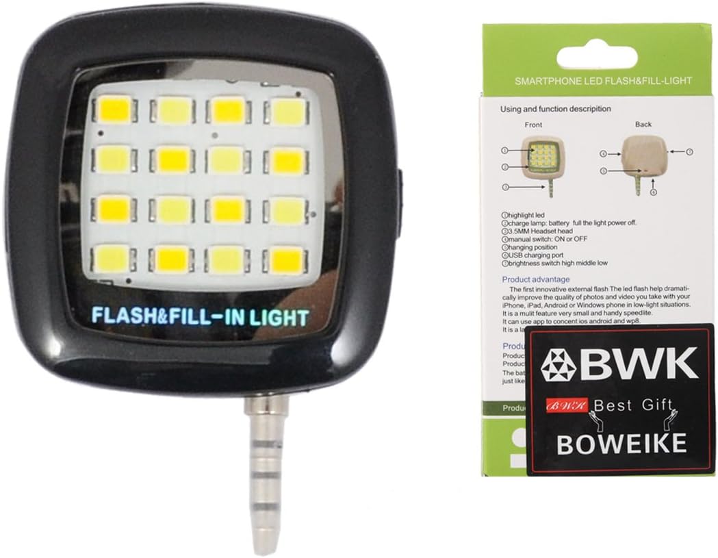 Boweike LED Light Speedlite Mini Portable 16 LED Spotlight External Flash Fill Light Selfie Universal For IOS And Android Devices Smartphones iPhone Samsung Tablets (Black)