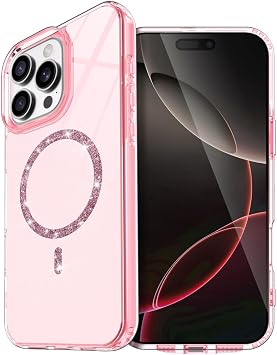 Coverzone iPhone 14 Pro Max ile uyumlu N-Diamond Magsafe ile Uyumlu Şeffaf Parıltılı Kapak, Yüksek Kaliteli Sert Silikon, MagSafe Uyumlu Wireless Şarj Destekli, Şıklık ve Dayanıklı Koruma Pembe