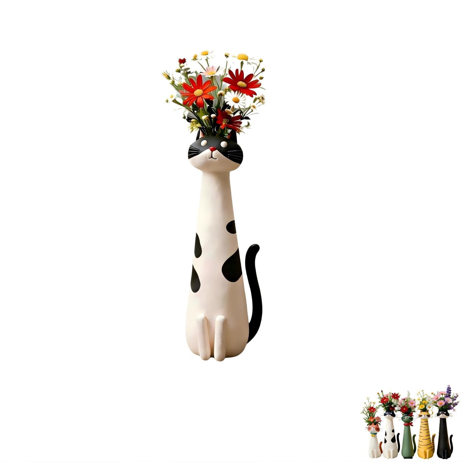 Sinlay Black And White Handcrafted Quirky Cat Vase, Cute Resin Whimsical Cat Flower Vase, Decorative Cute Resin Cat Flower Vases For Desk, Bookshelf, Garden & Living Room Decor (Black And White)