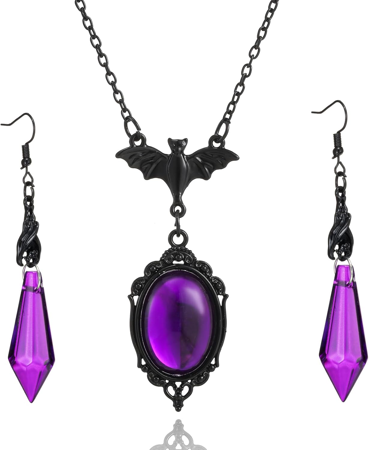 Gothic Dark Bat Necklace Earrings Set,Red Black Crystal Gems Bat Earrings Punk Rock Style Witch Animal Necklace Victorian Halloween Costumes Jewelry Set for Women