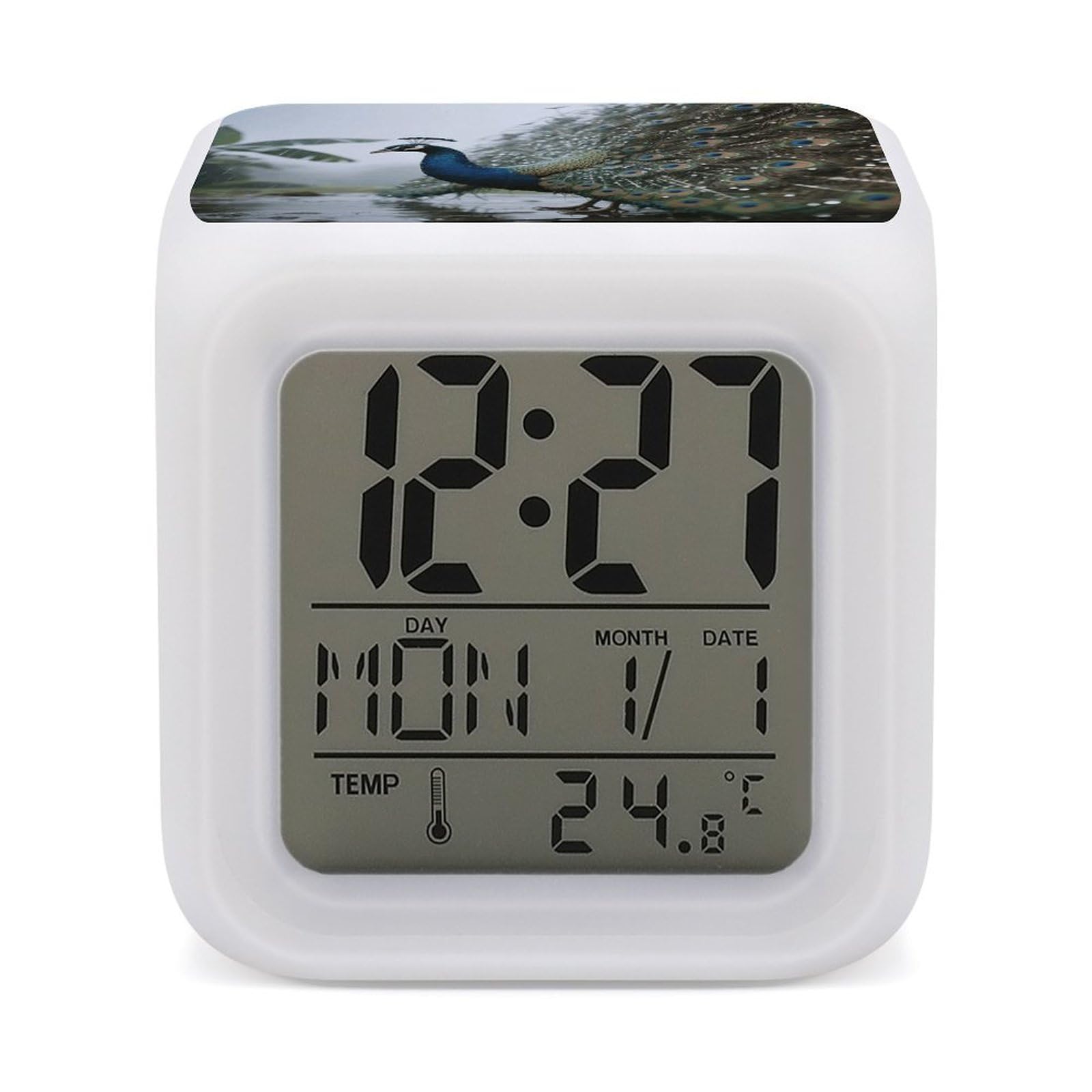 FodPand 7 Color Ambient Night Light Cube Battery Operated Peacock Digital Clock with Snooze Temperature LED Digital Alarm Clocks Dimmable Wake Up Light Portable Mood Lamp for Bedroom Desk Gift