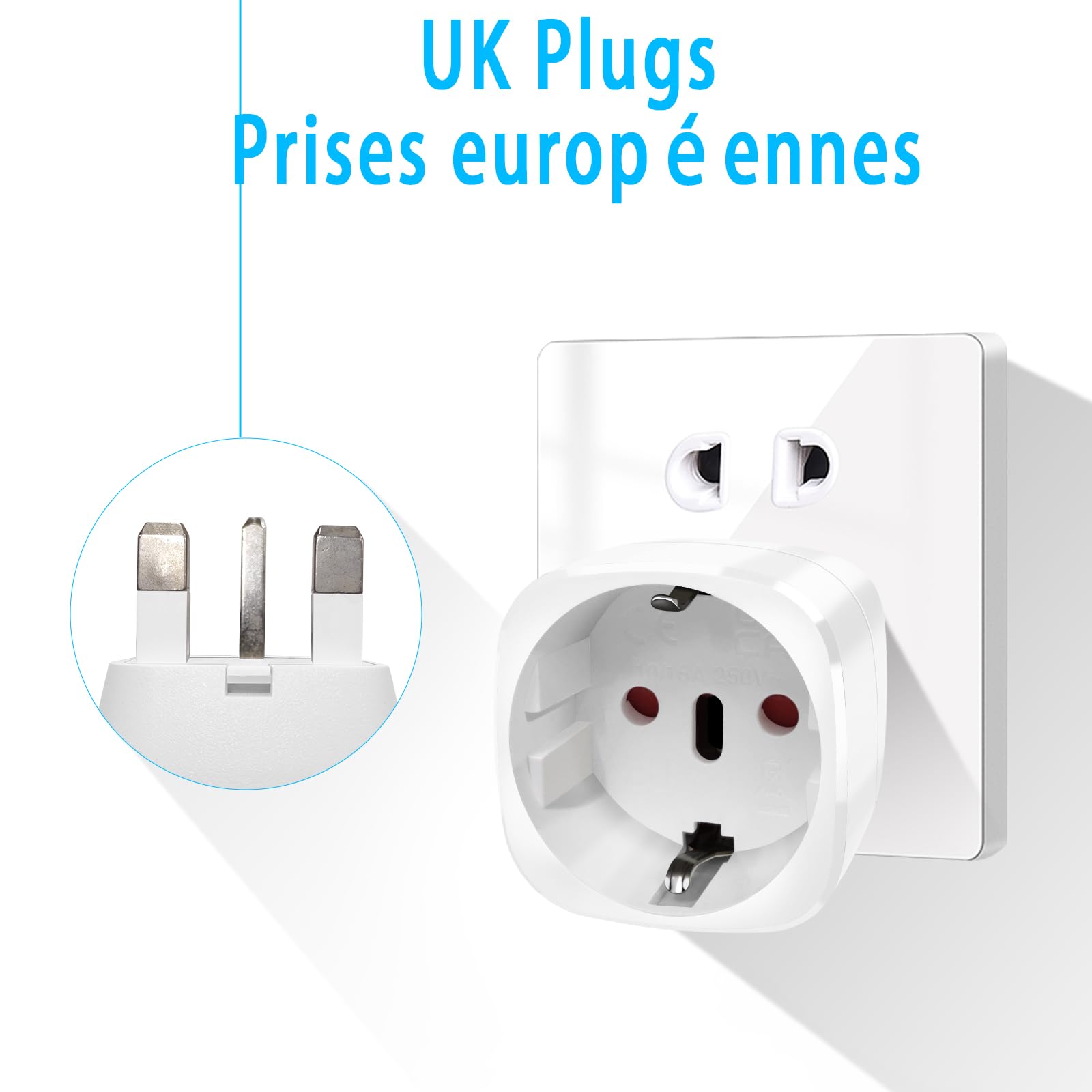 Adaptateur Prise Anglaise Type G, Adaptateur de Voyage France vers UK, 2 Pièces, Blanc