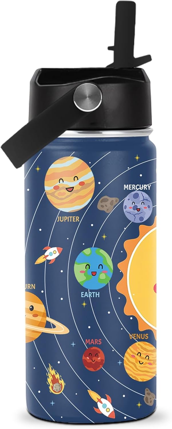 Space Planet Water Bottle - Space 16oz Stainless Steel Water Bottle with Straw - Funny Planet Insulated Cup for Boys - Solar System Kids Tumbler for School, Sports, Travel